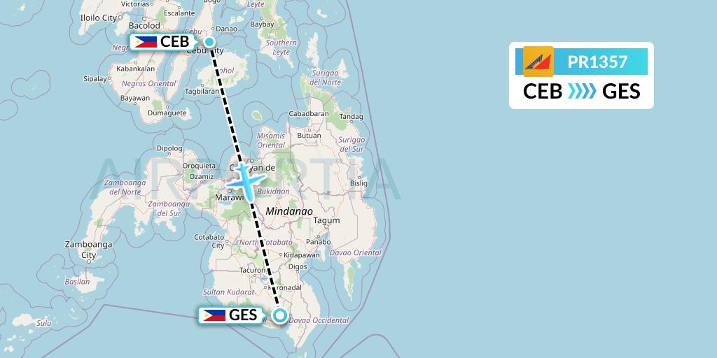 PR1357 Philippine Airlines Flight Map: Cebu to General Santos