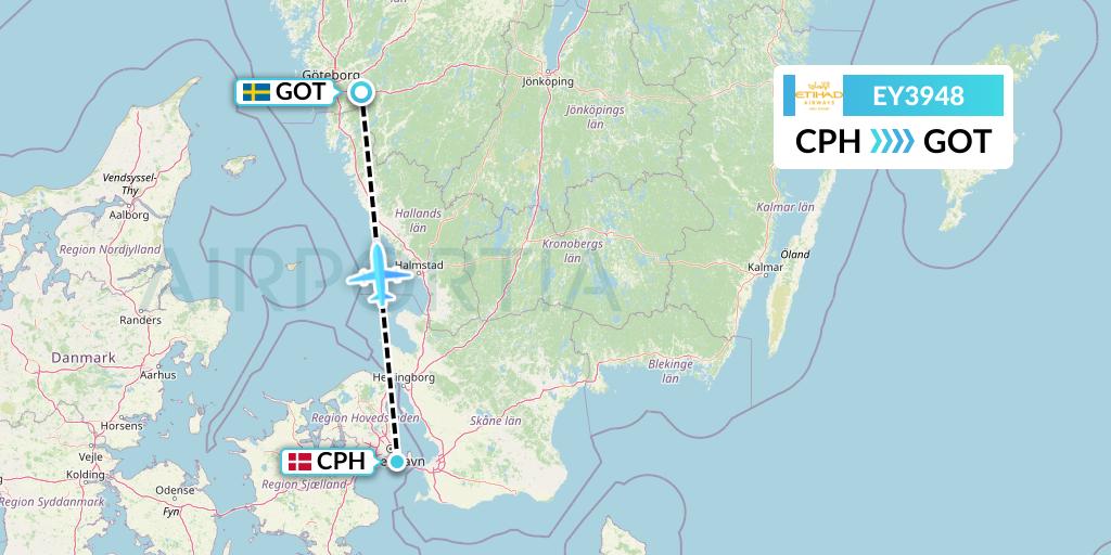 EY3948 Etihad Airways Flight Map: Copenhagen to Gothenburg