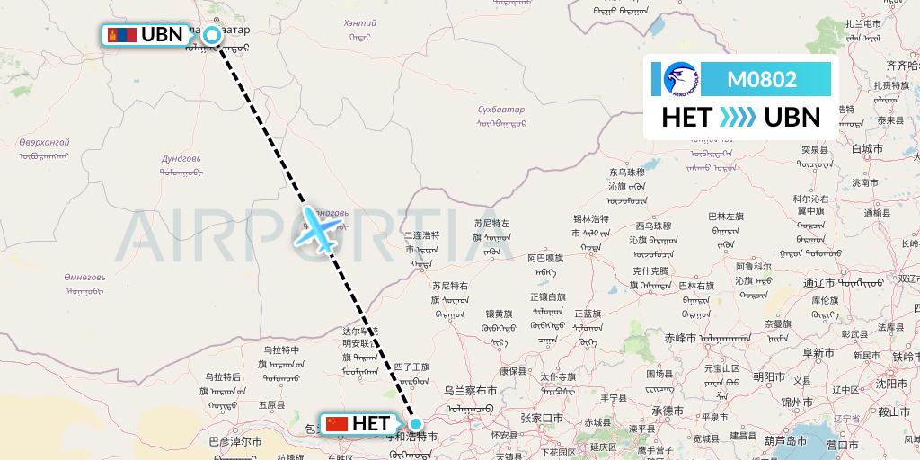M0802 Aero Mongolia Flight Map: Hohhot to Ulan Bator