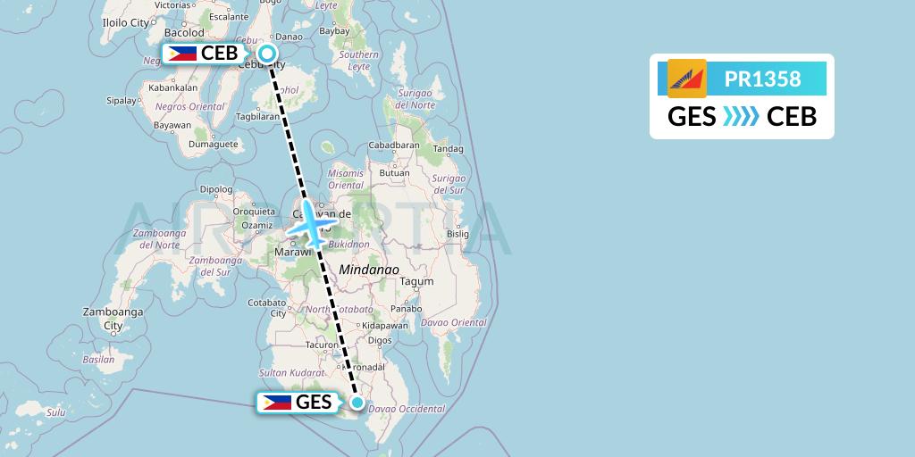PR1358 Philippine Airlines Flight Map: General Santos to Cebu