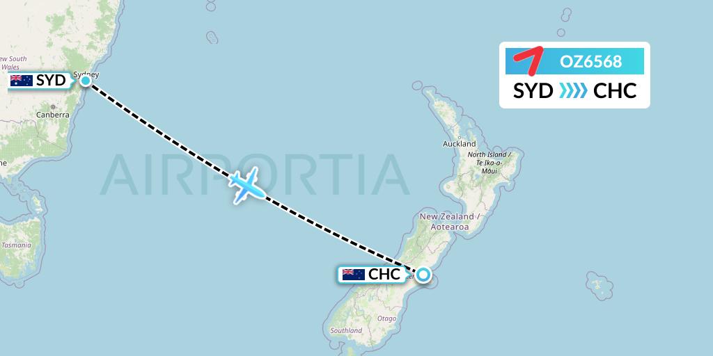 OZ6568 Asiana Airlines Flight Map: Sydney to Christchurch