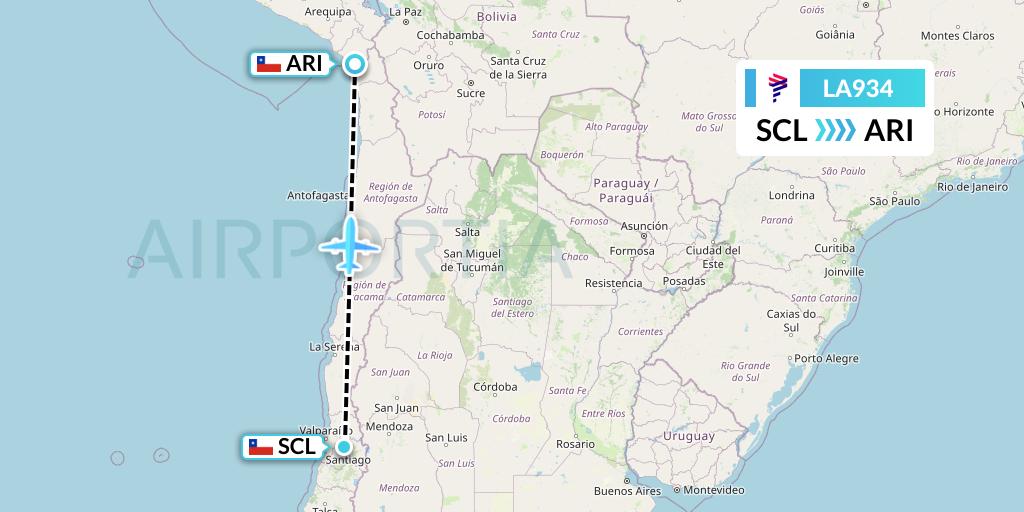 LA934 LAN Airlines Flight Map: Santiago to Arica