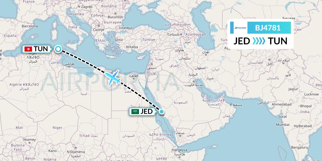 BJ4781 Nouvelair Tunisie Flight Map: Jeddah to Tunis