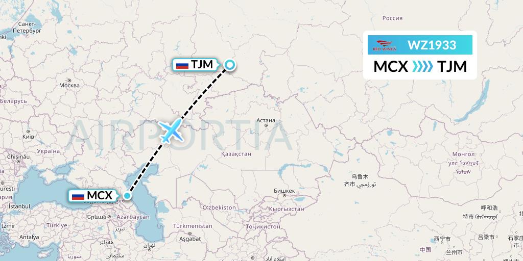 WZ1933 Red Wings Flight Map: Makhachkala to Tyumen