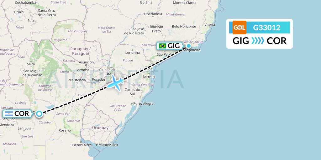 G33012 GOL Transportes Aeros Flight Map: Rio de Janeiro to Cordoba