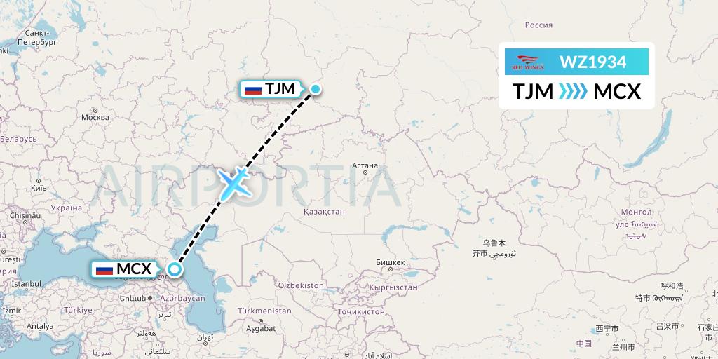 WZ1934 Red Wings Flight Map: Tyumen to Makhachkala