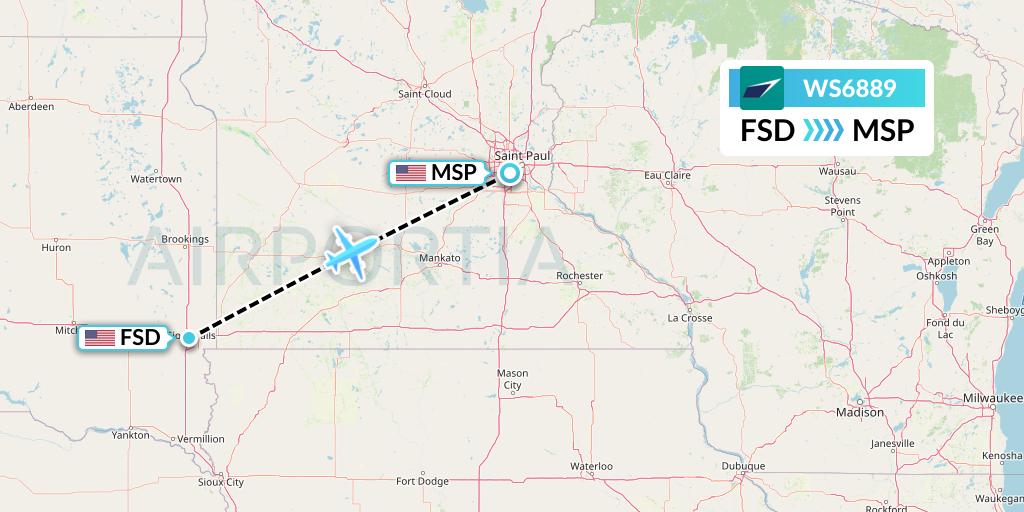 WS6889 WestJet Flight Map: Sioux Falls to Minneapolis