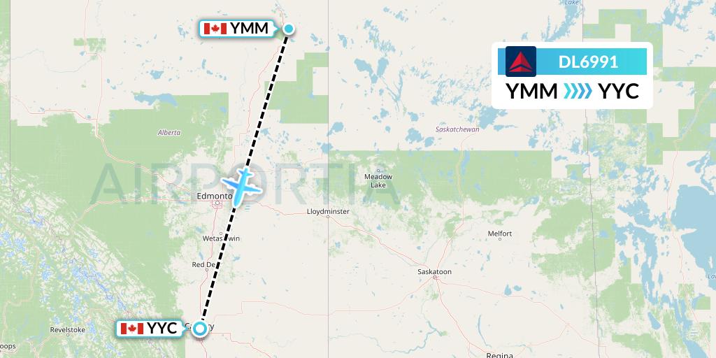 DL6991 Delta Air Lines Flight Map: Fort McMurray to Calgary