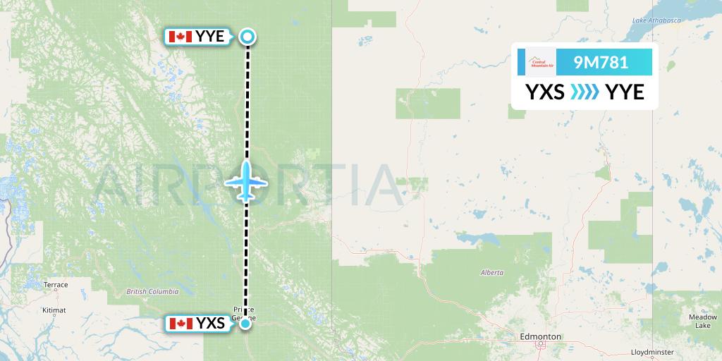 9M781 Central Mountain Air Flight Map: Prince George to Fort Nelson