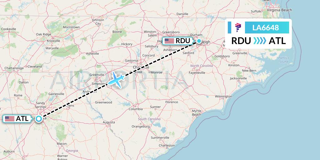 LA6648 LAN Airlines Flight Map: Raleigh-Durham to Atlanta