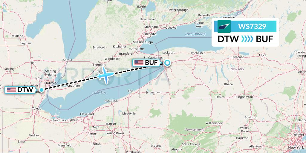 WS7329 WestJet Flight Map: Detroit to Buffalo