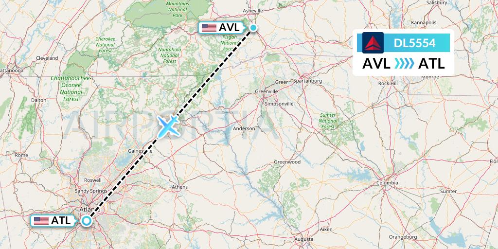 DL5554 Delta Air Lines Flight Map: Asheville to Atlanta