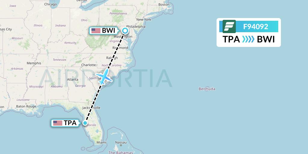 F94092 Frontier Airlines Flight Map: Tampa to Baltimore