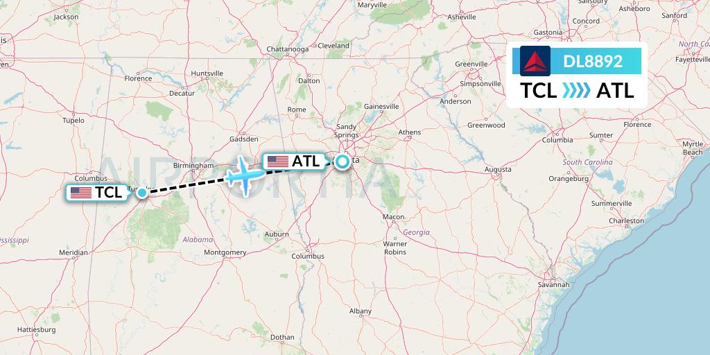 DL8892 Delta Air Lines Flight Map: Tuscaloosa to Atlanta