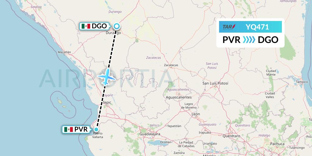 YQ471 TAR Aerolineas Flight Map: Puerto Vallarta to Durango
