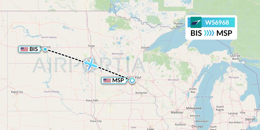 WS6968 WestJet Flight Map: Bismarck to Minneapolis