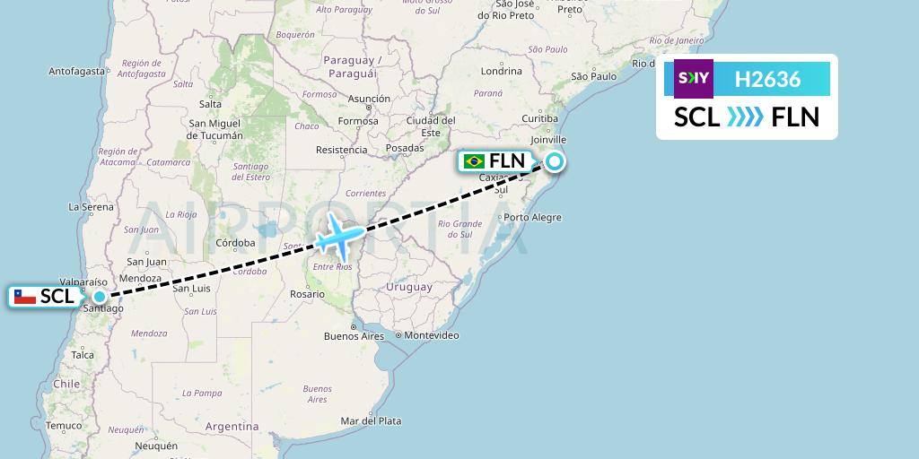 H2636 Sky Airline Flight Map: Santiago to Florianopolis