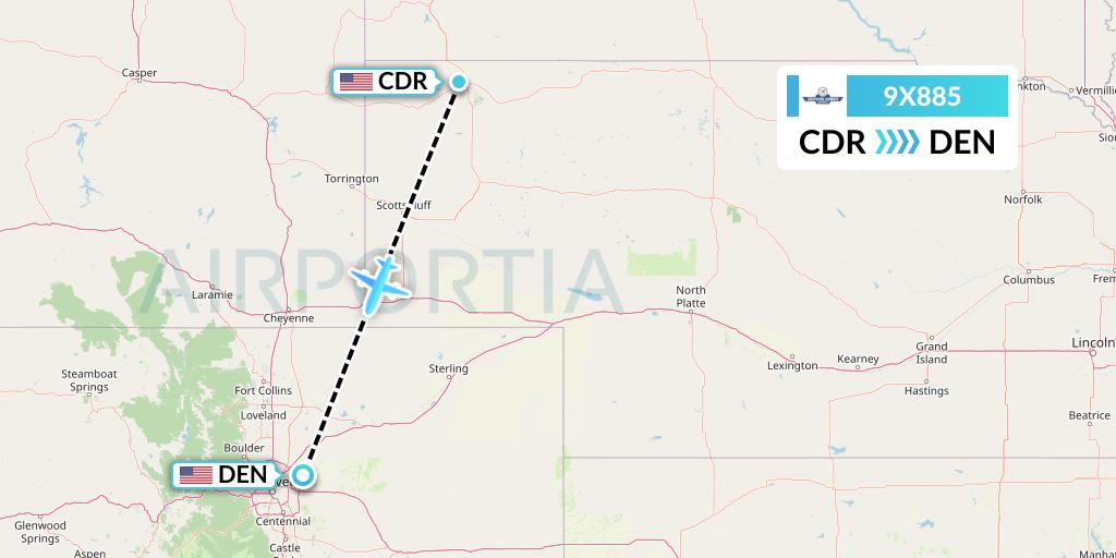 9X885 Southern Airways Express Flight Map: Chadron to Denver