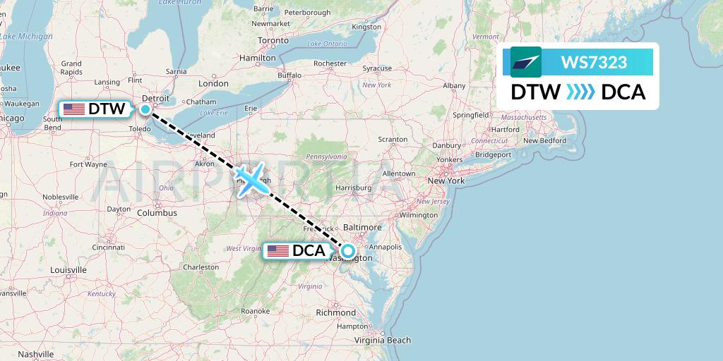 WS7323 WestJet Flight Map: Detroit to Washington
