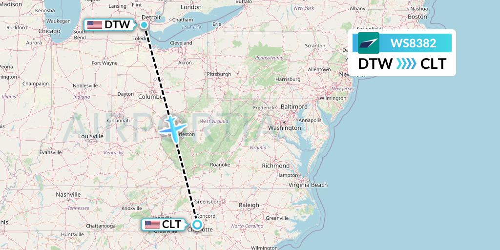 WS8382 WestJet Flight Map: Detroit to Charlotte