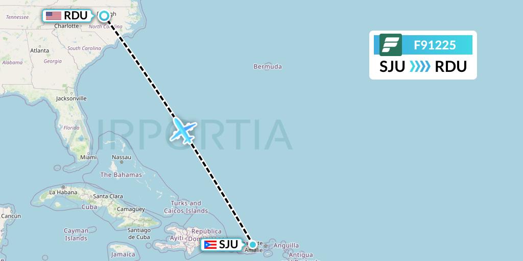 F91225 Frontier Airlines Flight Map: San Juan to Raleigh-Durham