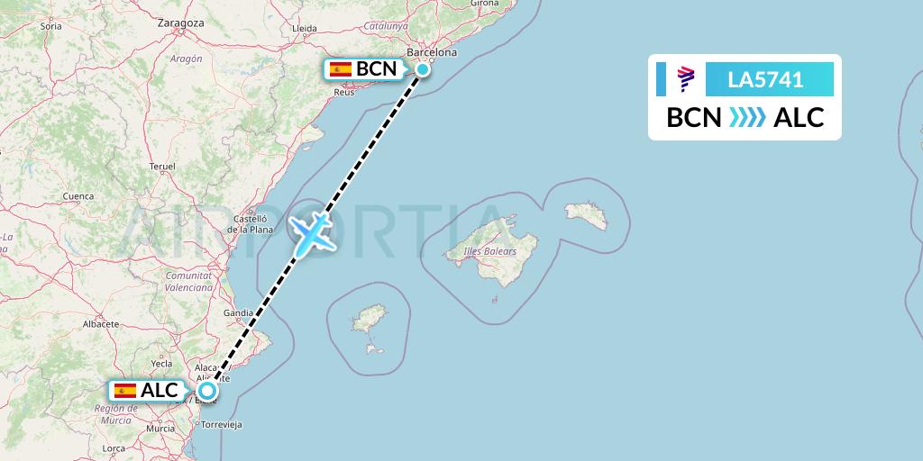 LA5741 LAN Airlines Flight Map: Barcelona to Alicante