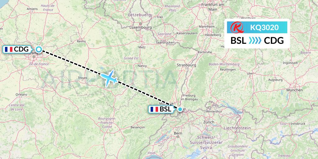 KQ3020 Kenya Airways Flight Map: Basel to Paris