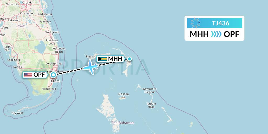 TJ436 Tradewind Aviation Flight Map: Marsh Harbour to Miami