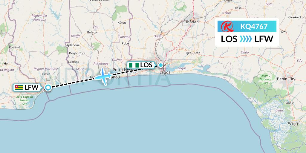 KQ4767 Kenya Airways Flight Map: Lagos to Lome