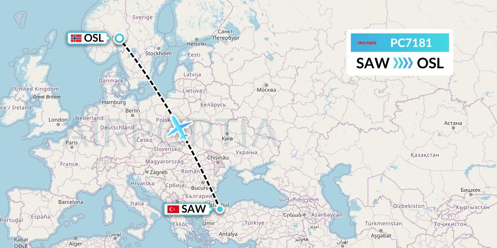 PC7181 Pegasus Airlines Flight Map: Istanbul to Oslo