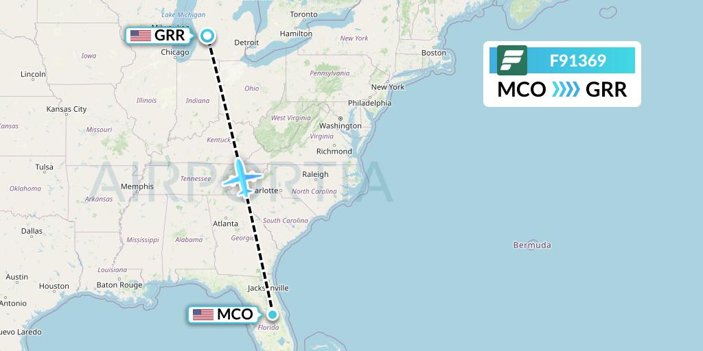 F91369 Frontier Airlines Flight Map: Orlando to Grand Rapids