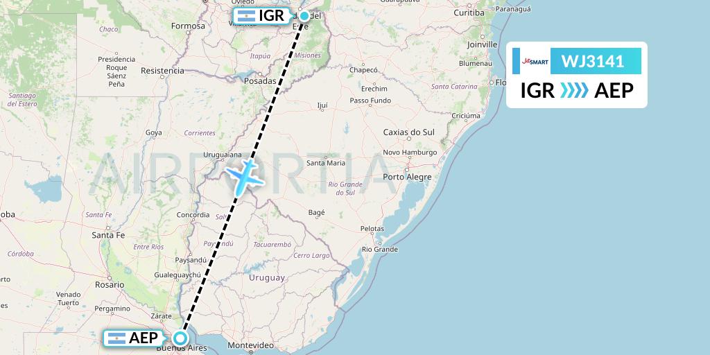WJ3141 Jetsmart Airlines Flight Map: Puerto Iguazu to Buenos Aires