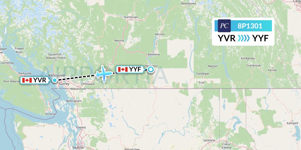 8P1301 Pacific Coastal Airlines Flight Map: Vancouver to Penticton