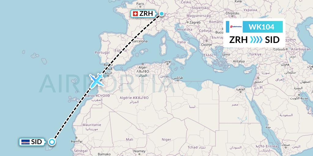 WK104 Edelweiss Air Flight Map: Zurich to Espargos