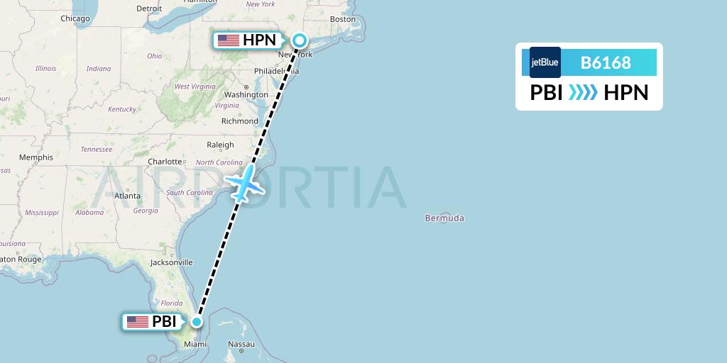 B6168 JetBlue Airways Flight Map: West Palm Beach to White Plains