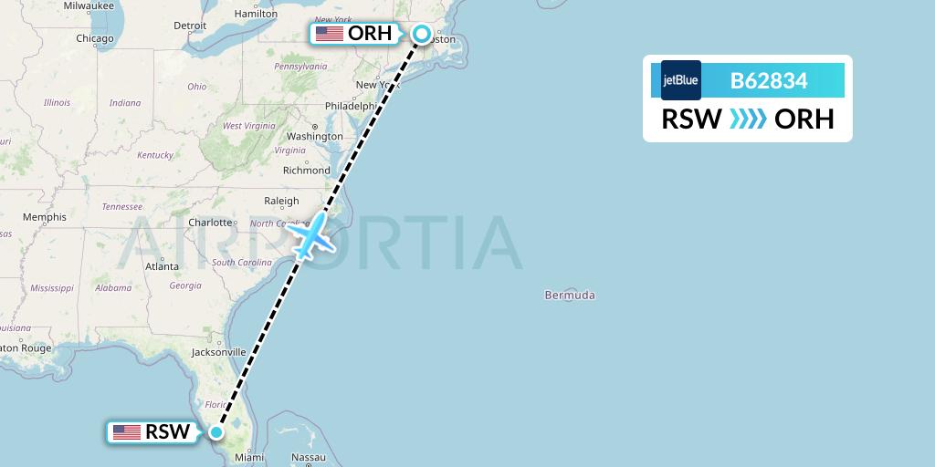 B62834 JetBlue Airways Flight Map: Fort Myers to Worcester