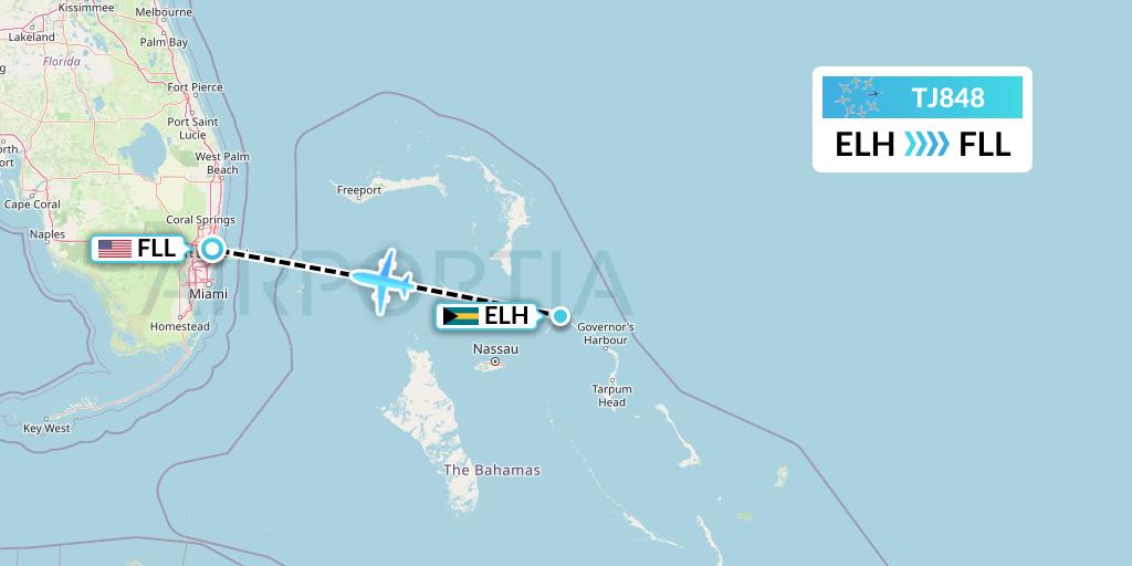 TJ848 Tradewind Aviation Flight Map: North Eleuthera to Fort Lauderdale