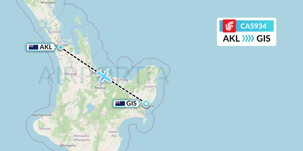 CA5934 Air China Flight Map: Auckland to Gisborne