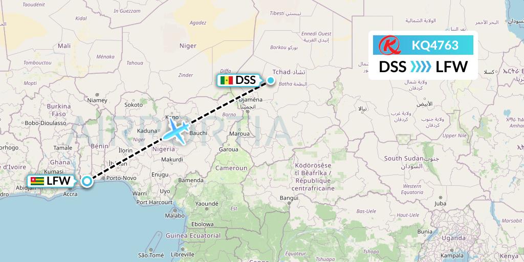 KQ4763 Kenya Airways Flight Map: Dakar to Lome