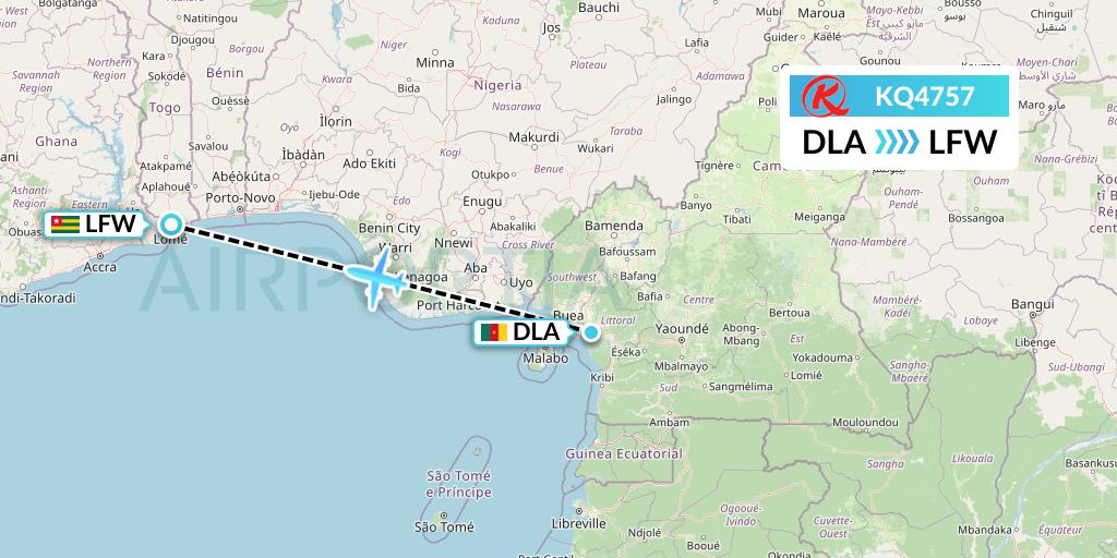 KQ4757 Kenya Airways Flight Map: Douala to Lome