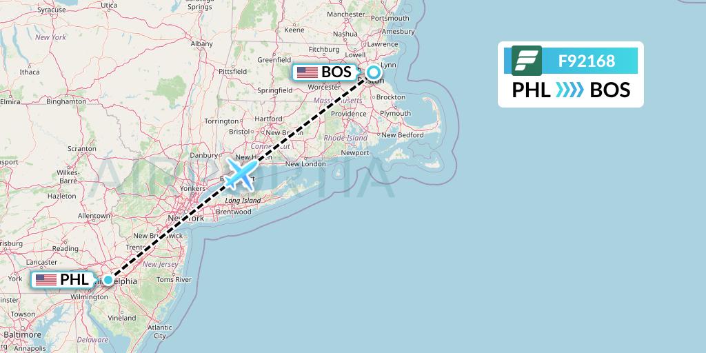 F92168 Frontier Airlines Flight Map: Philadelphia to Boston