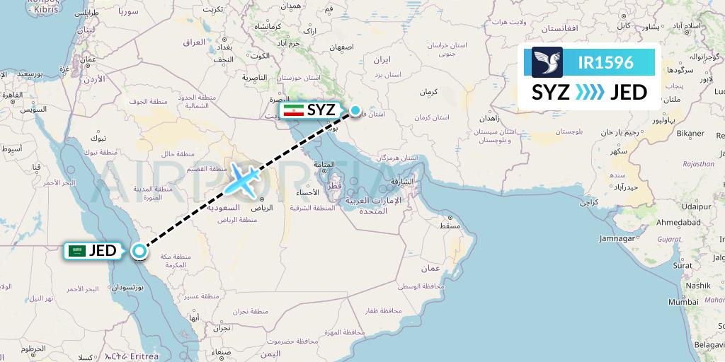 IR1596 Iran Air Flight Map: Shiraz to Jeddah
