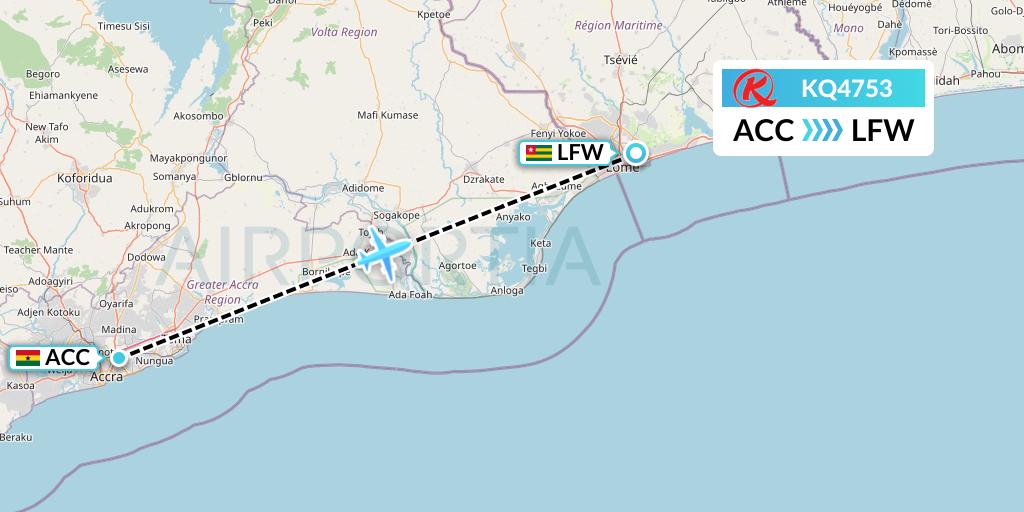 KQ4753 Kenya Airways Flight Map: Accra to Lome