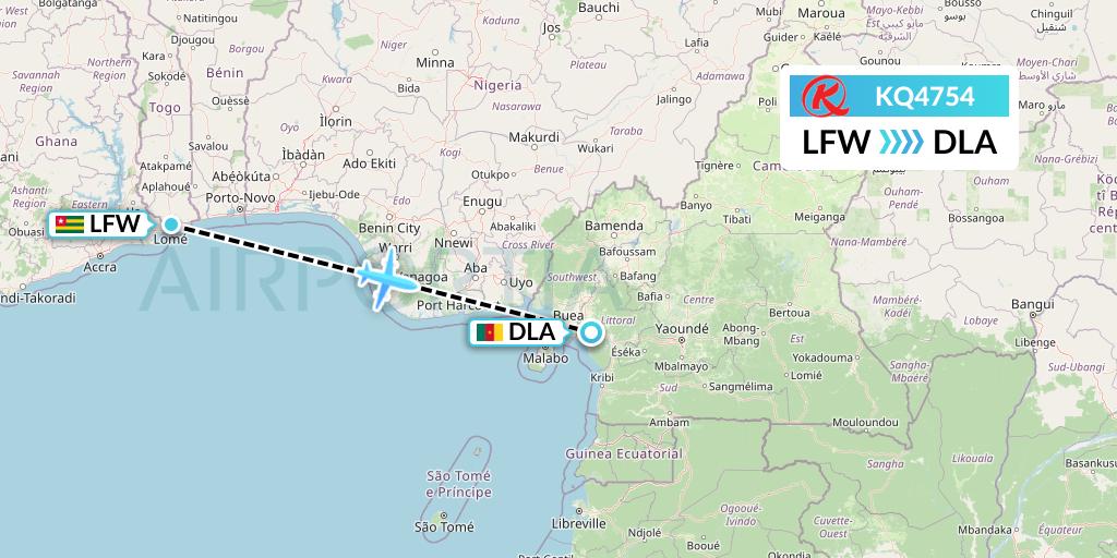KQ4754 Kenya Airways Flight Map: Lome to Douala