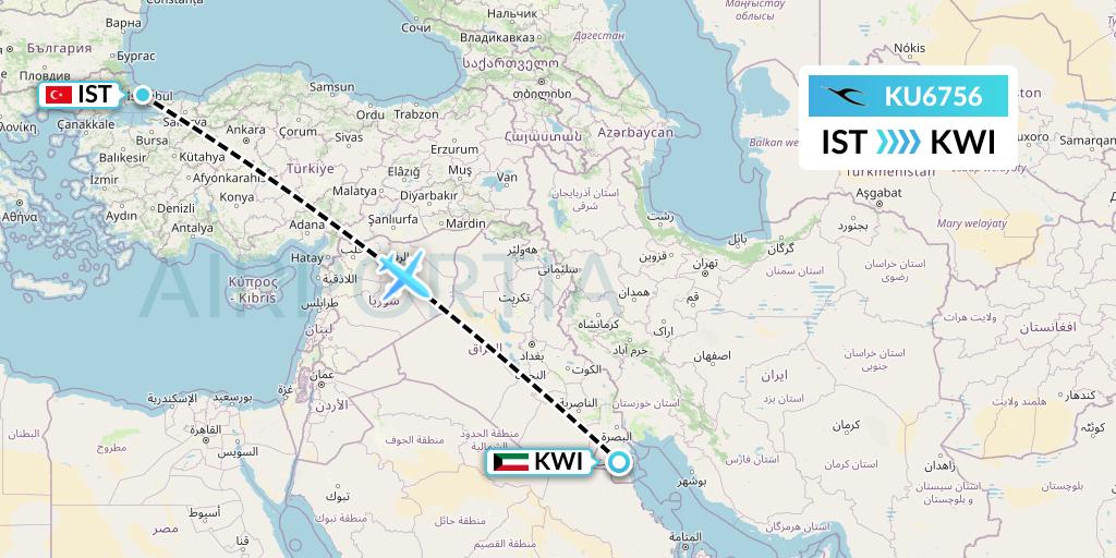 KU6756 Kuwait Airways Flight Map: Istanbul to Kuwait City