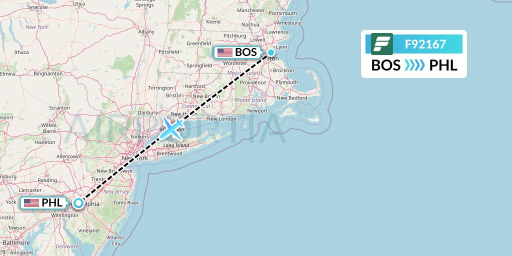 F92167 Frontier Airlines Flight Map: Boston to Philadelphia