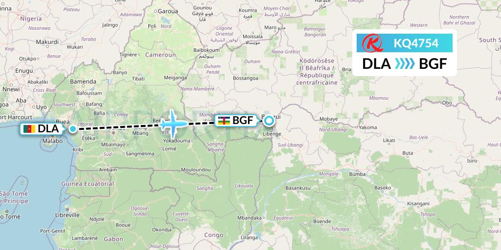 KQ4754 Kenya Airways Flight Map: Douala to Bangui