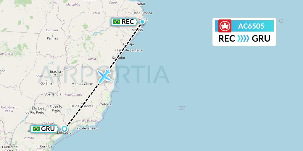 AC6505 Air Canada Flight Map: Recife to Sao Paulo