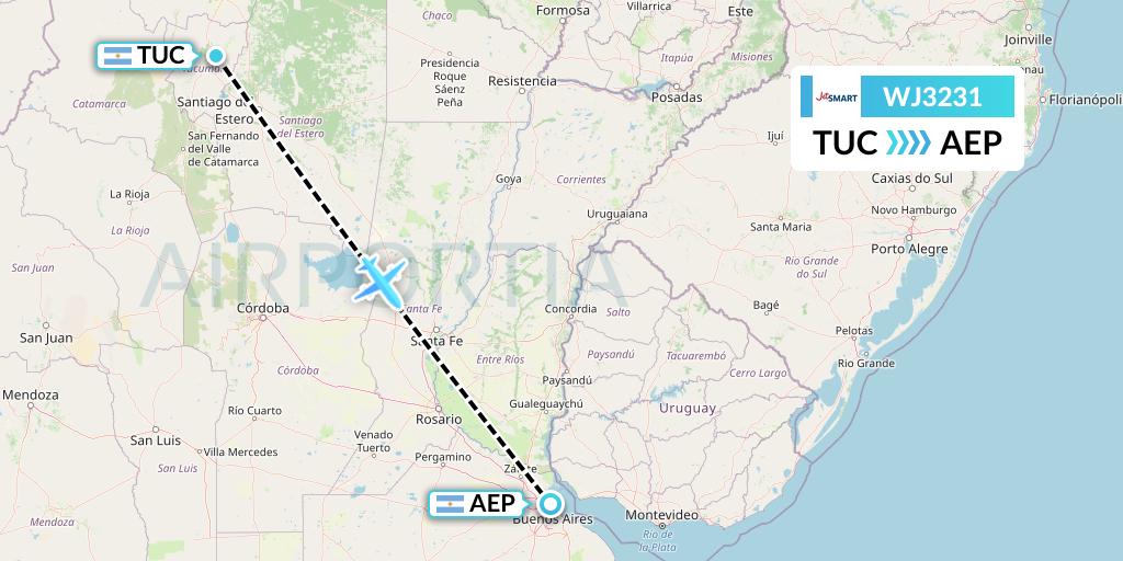 WJ3231 Jetsmart Airlines Flight Map: Tucuman to Buenos Aires