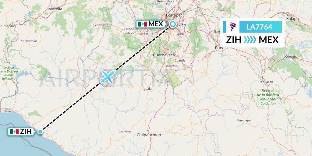 LA7764 LAN Airlines Flight Map: Zihuatanejo to Mexico City